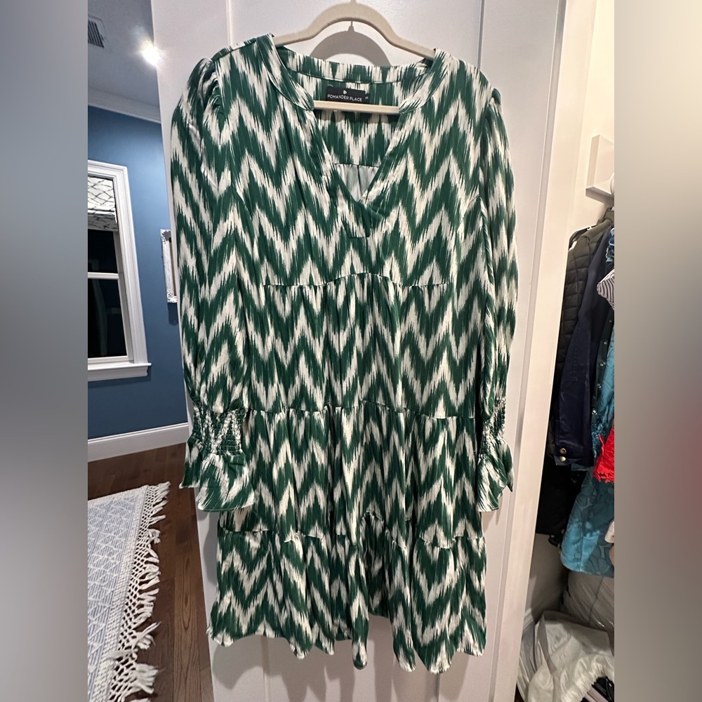 Pomander Place Long Sleeve Dress in Green and White Zigzag